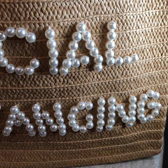 NWT B2B LA Straw Tote Social Distancing w/ pearl lettering beach bag - Picture 4 of 10